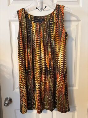 Ronni Nicole Multicolor Geometric Midi Dress - Orange, Yellow, Brown, Green